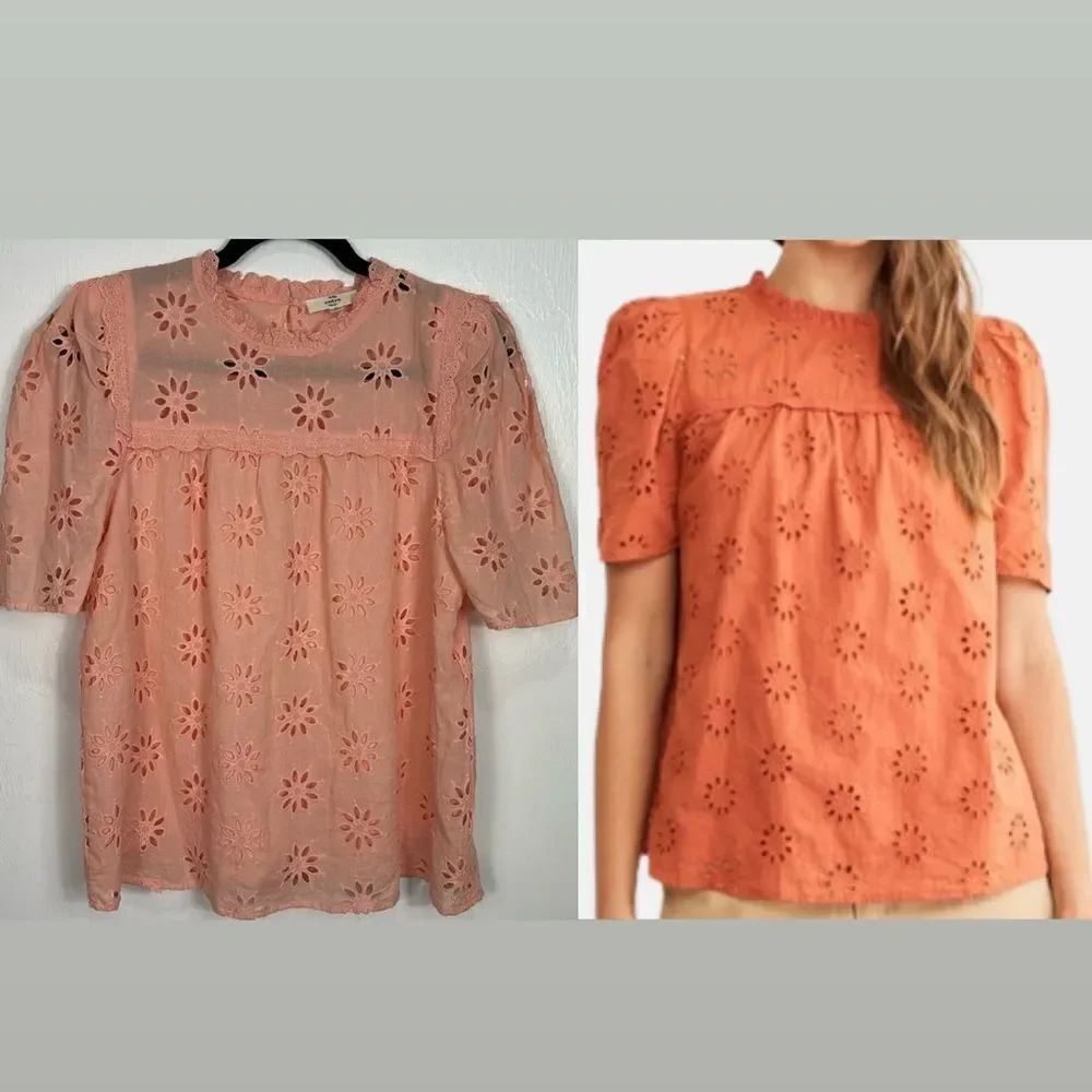 Entro Cotton Eyelet Embroidered Short Sleeve Top Blouse In Peach Size M